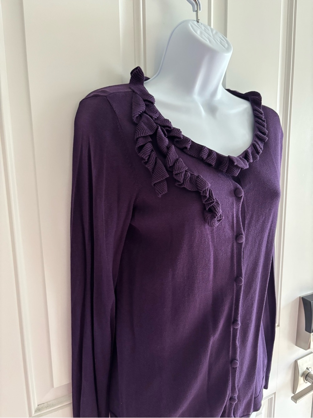 Talbots Deep Purple Ruffle-Trim Button Cardigan - Picture 4 of 5
